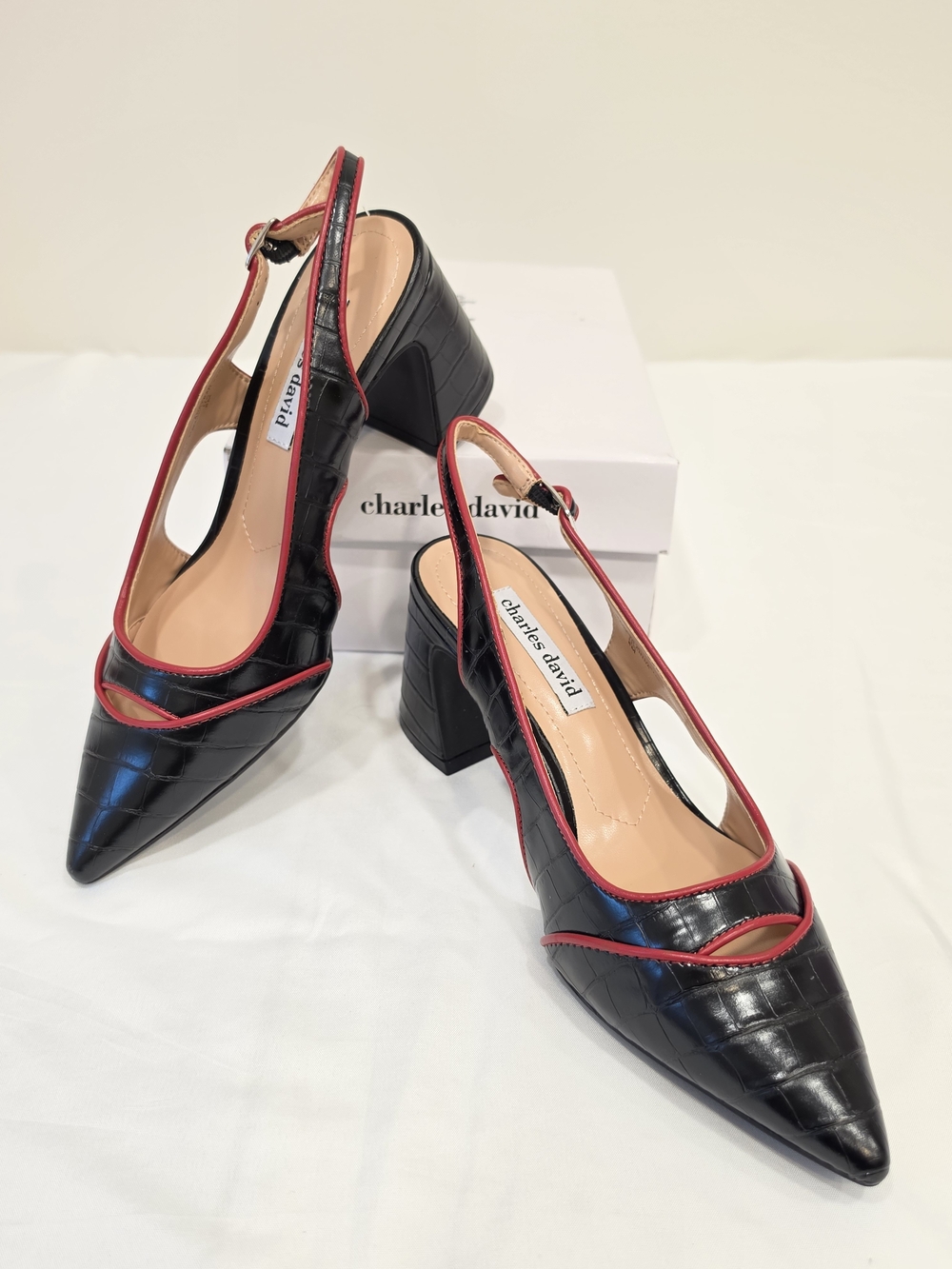 Charles David Black Croc-Embossed Slingback Pumps with Red Trim